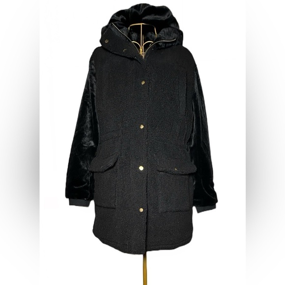NEW Eden Society Sherpa Black Coat, Faux Fur Sleeves & Hood, Zipper, Pockets, M - Picture 1 of 16
